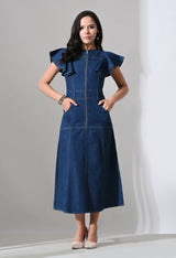 A-Line Zip Fly Flutter Sleeve Denim Dress – Blue Dress Model View – Glossia Fashion