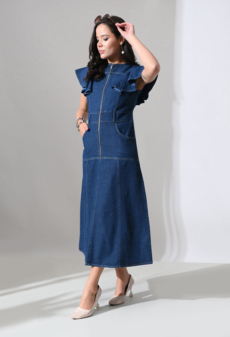 A-Line Zip Fly Flutter Sleeve Denim Dress – Blue Dress View 10 – Glossia Fashion