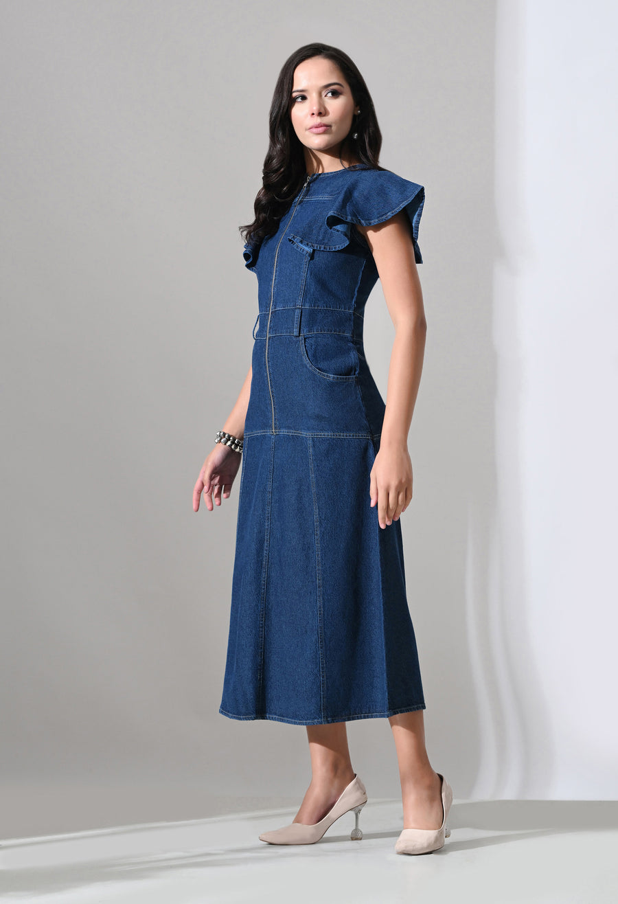 A-Line Zip Fly Flutter Sleeve Denim Dress