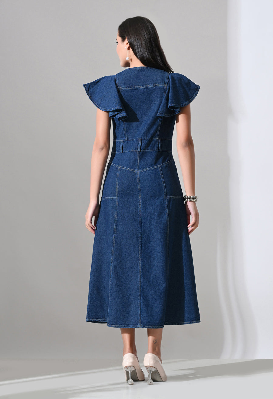 A-Line Zip Fly Flutter Sleeve Denim Dress – Blue Dress Close-up – Glossia Fashion