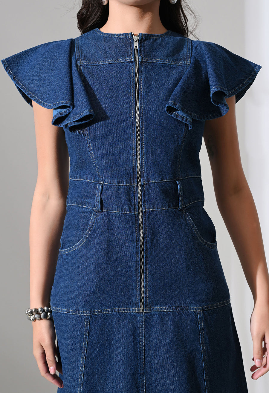 A-Line Zip Fly Flutter Sleeve Denim Dress