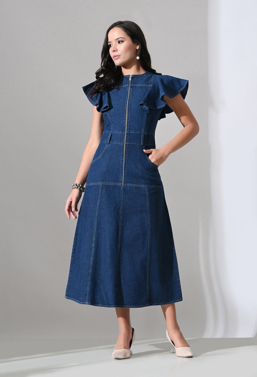 A-Line Zip Fly Flutter Sleeve Denim Dress – Blue Dress Full Length – Glossia Fashion