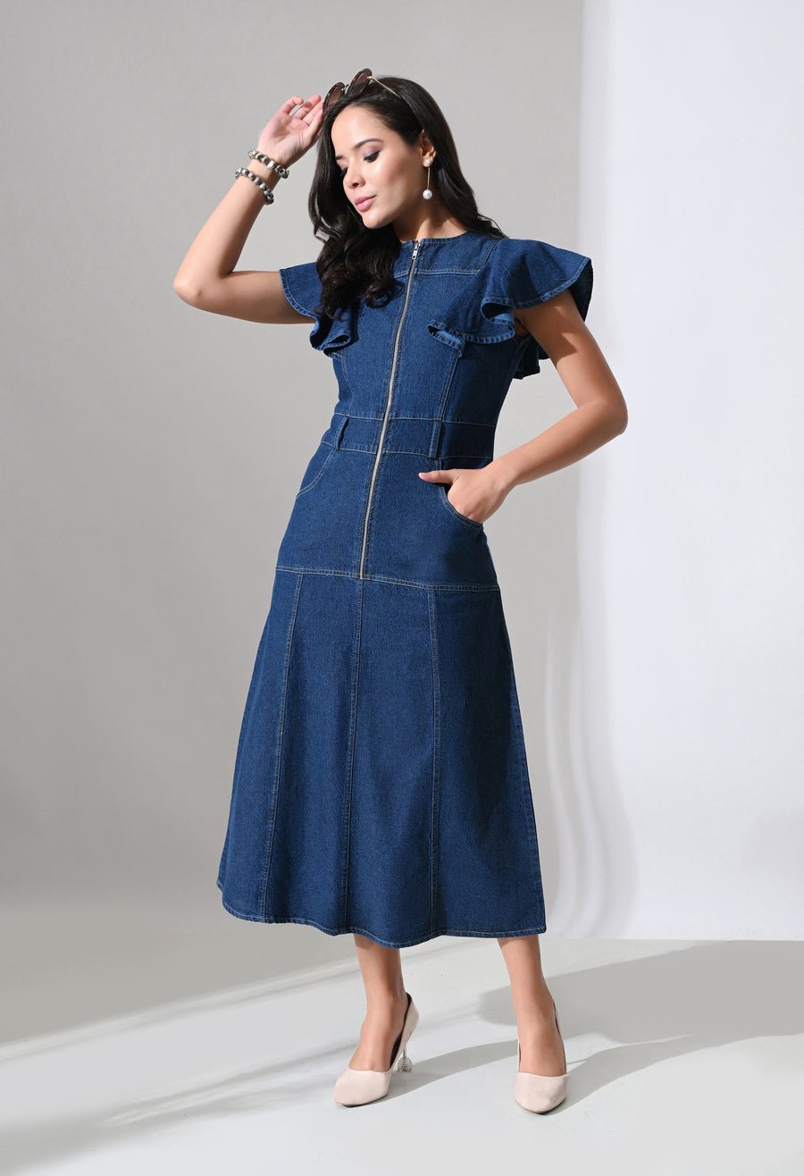 A-Line Zip Fly Flutter Sleeve Denim Dress