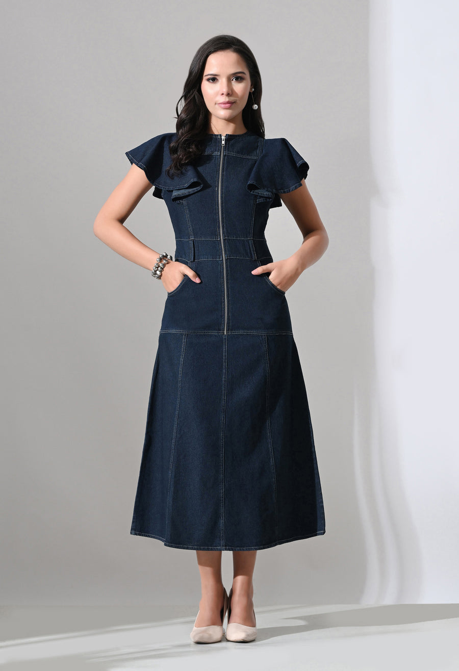 A-Line Zip Fly Flutter Sleeve Denim Dress – Navy Blue Dress Full Length – Glossia Fashion