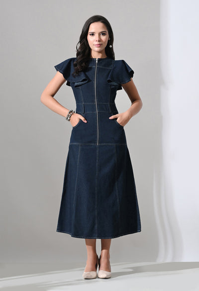 A-Line Zip Fly Flutter Sleeve Denim Dress