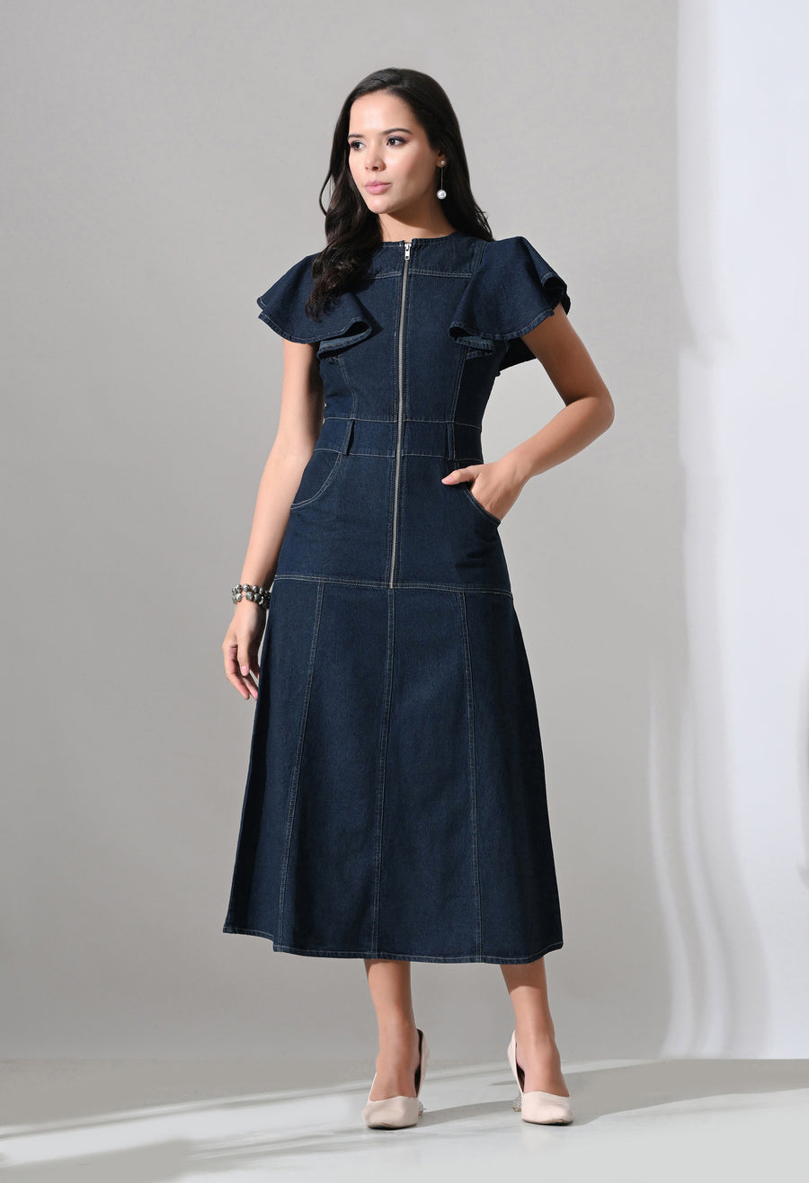 A-Line Zip Fly Flutter Sleeve Denim Dress