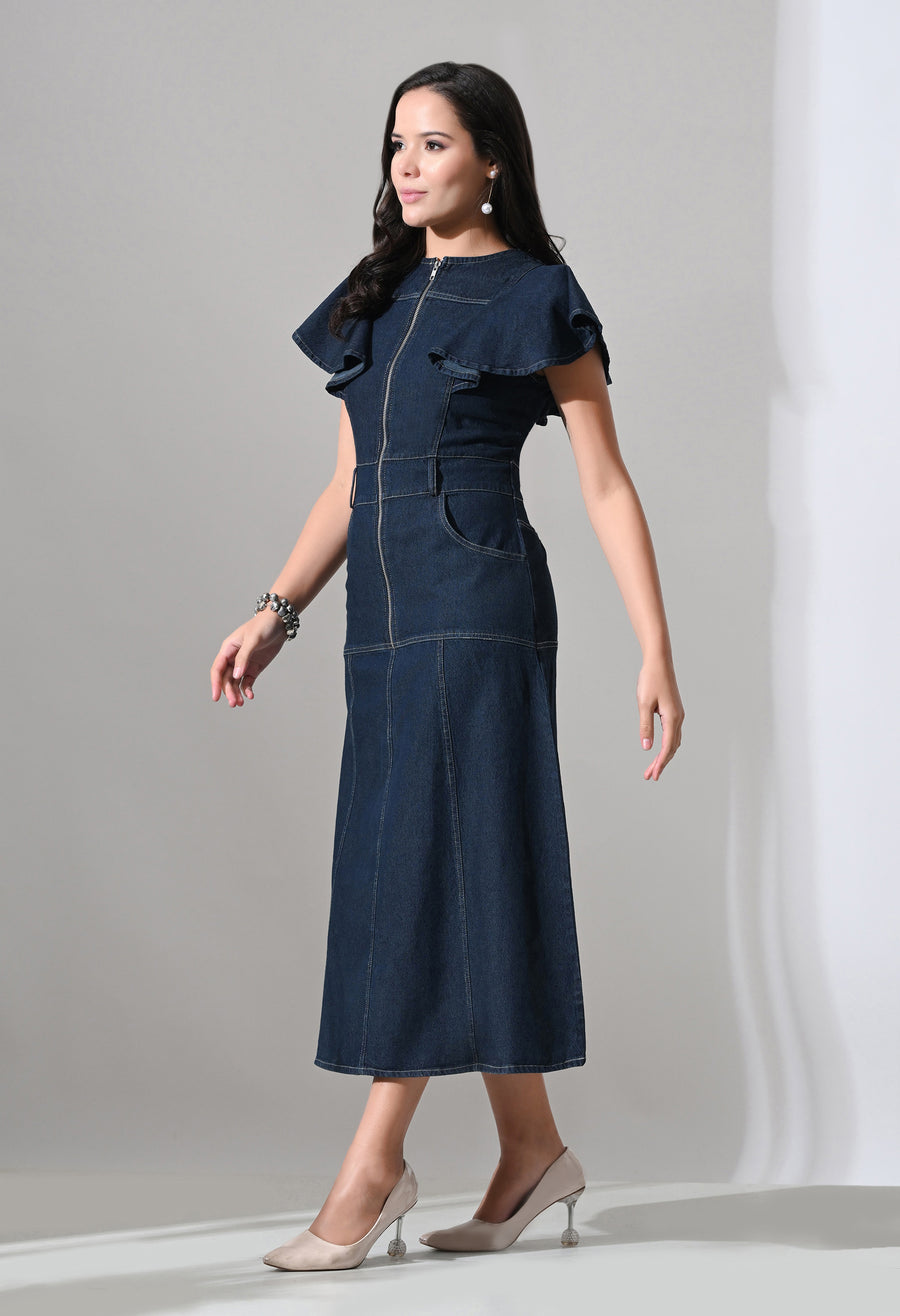 A-Line Zip Fly Flutter Sleeve Denim Dress