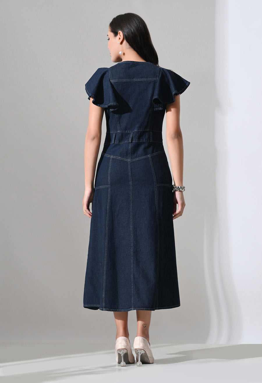 A-Line Zip Fly Flutter Sleeve Denim Dress – Navy Blue Dress View 10 – Glossia Fashion