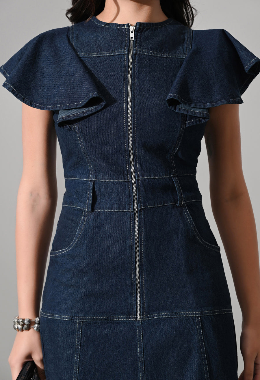 A-Line Zip Fly Flutter Sleeve Denim Dress