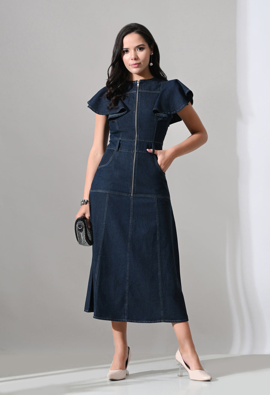 A-Line Zip Fly Flutter Sleeve Denim Dress – Navy Blue Dress Close-up – Glossia Fashion