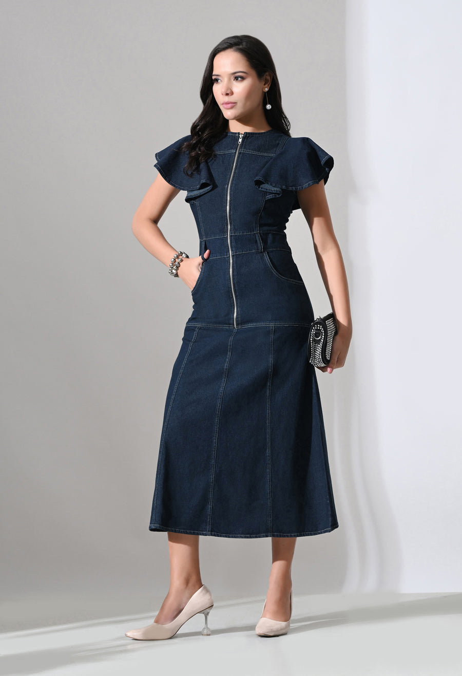 A-Line Zip Fly Flutter Sleeve Denim Dress