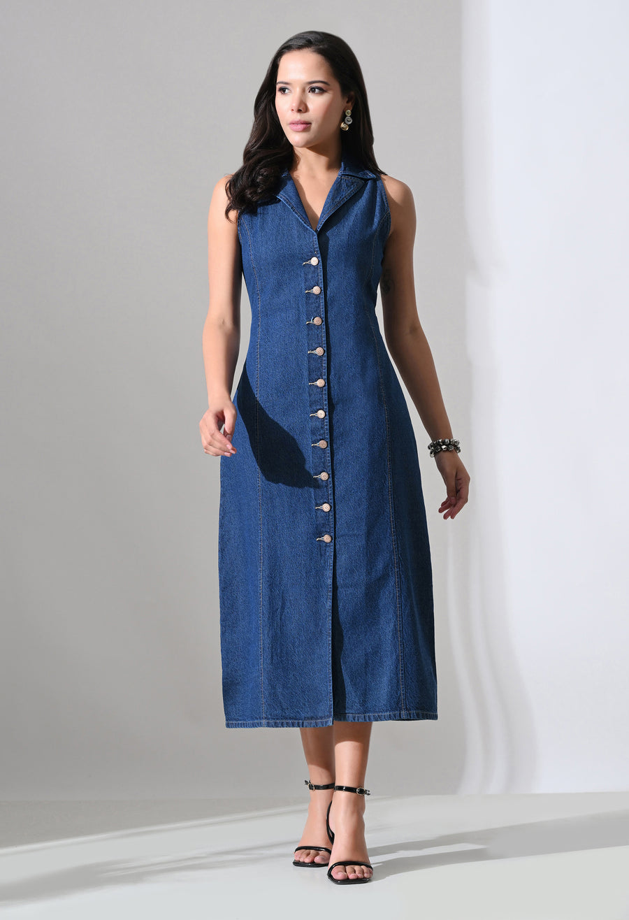 Elara Collared Denim Midi – Blue Dress Full Length – Glossia Fashion