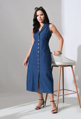 Elara Collared Denim Midi – Blue Dress Detail View – Glossia Fashion