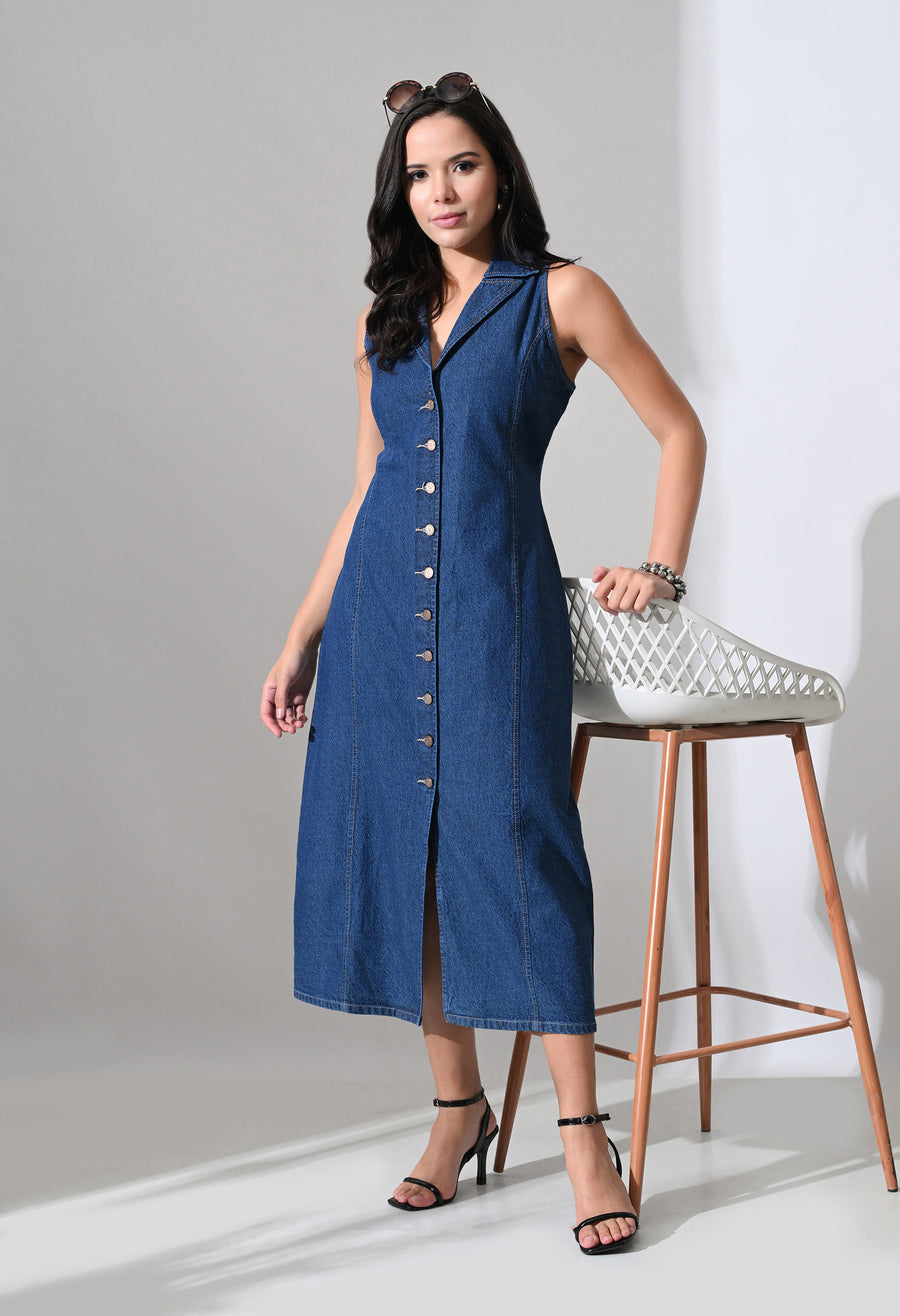 Elara Collared Denim Midi – Blue Dress Detail View – Glossia Fashion