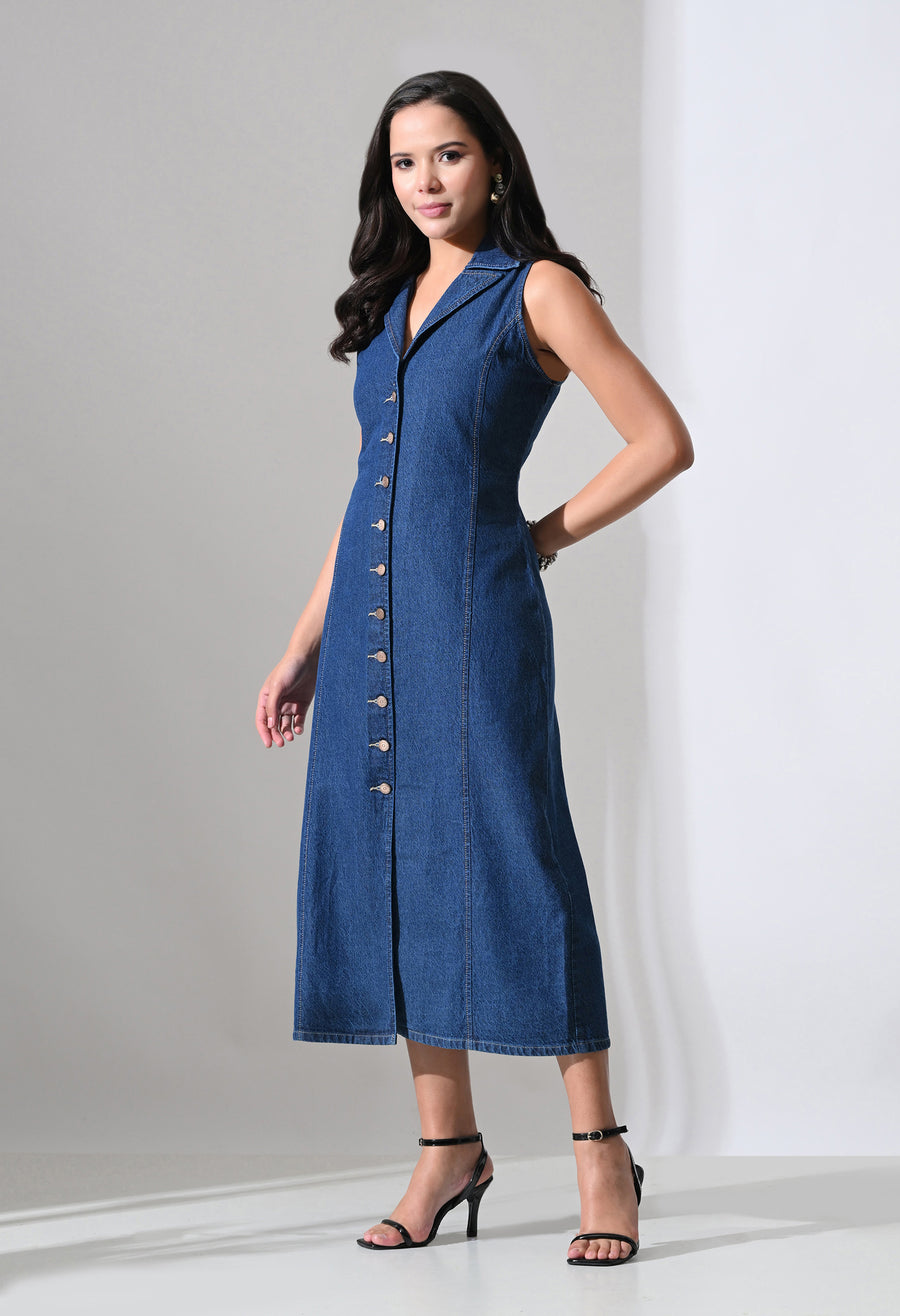 Elara Collared Denim Midi – Blue Dress View 10 – Glossia Fashion