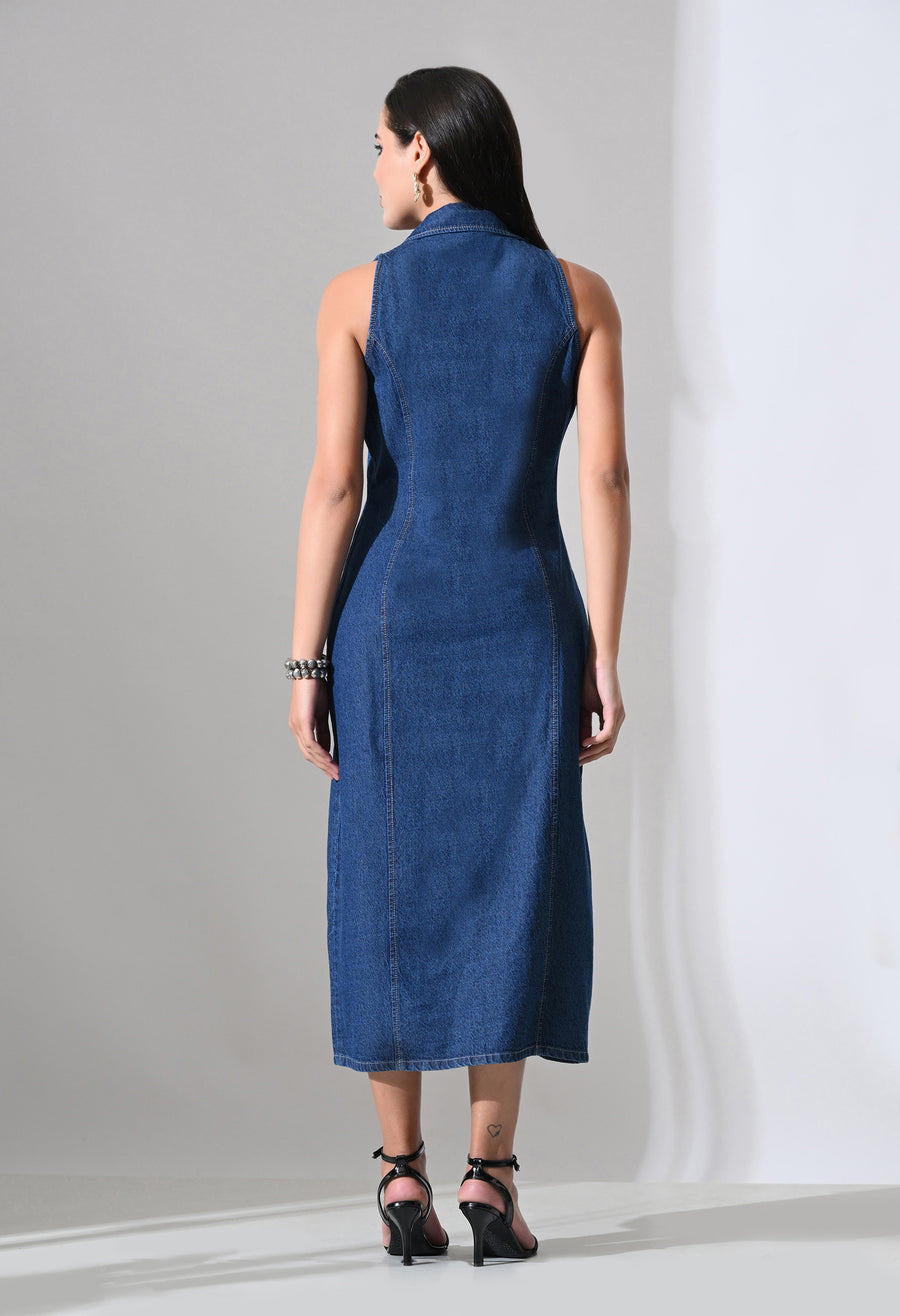 Elara Collared Denim Midi – Blue Dress Close-up – Glossia Fashion