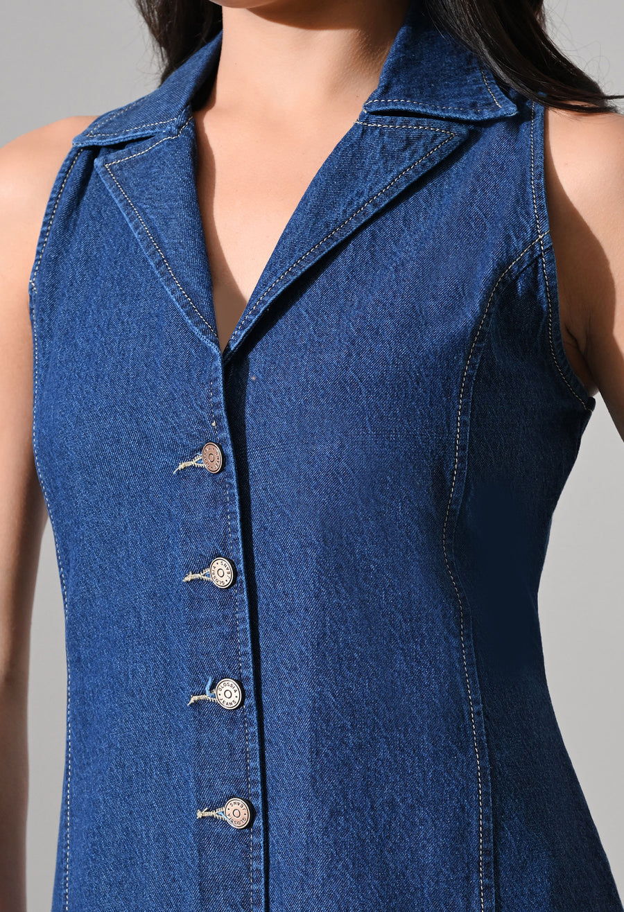 Elara Collared Denim Midi