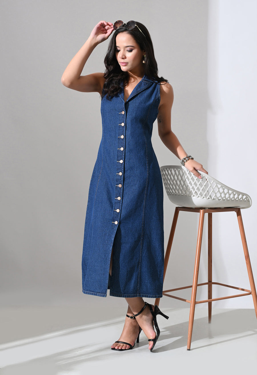 Elara Collared Denim Midi