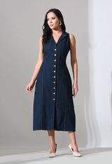 Elara Collared Denim Midi – Navy Blue Dress Model View – Glossia Fashion