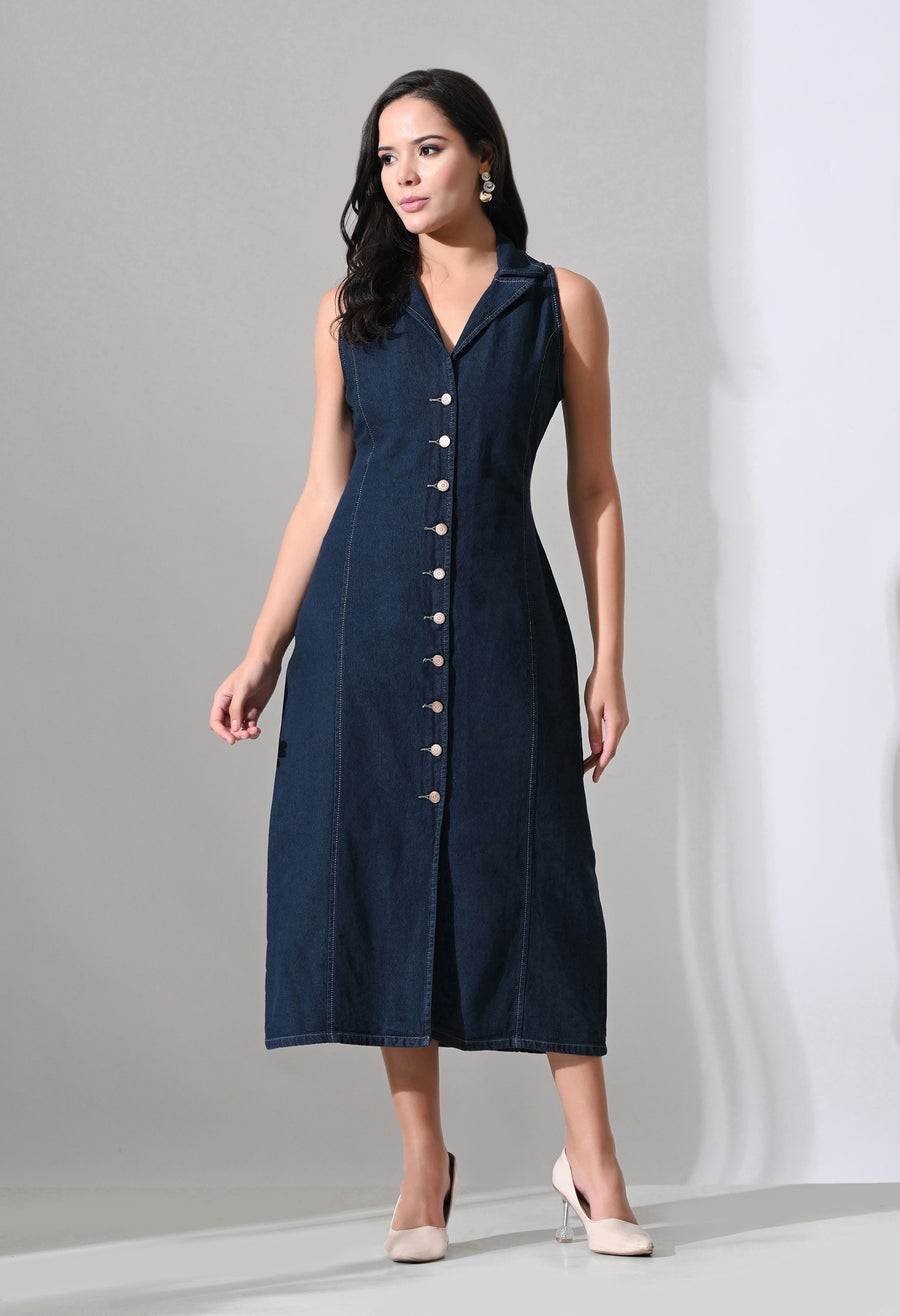 Elara Collared Denim Midi – Navy Blue Dress Model View – Glossia Fashion