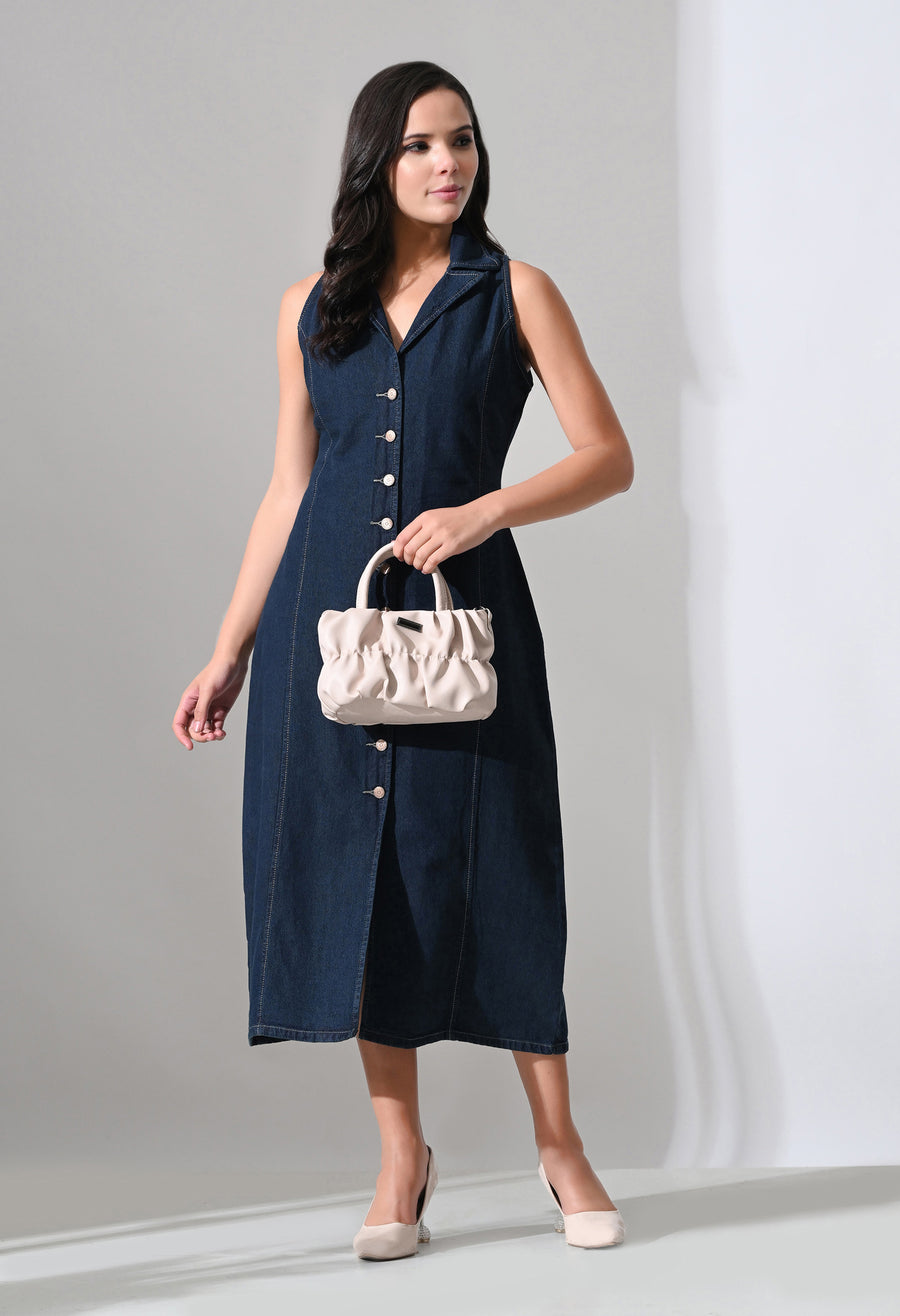 Elara Collared Denim Midi – Navy Blue Dress Full Length – Glossia Fashion
