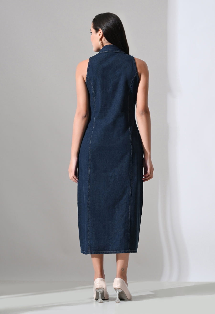 Elara Collared Denim Midi – Navy Blue Dress Close-up – Glossia Fashion