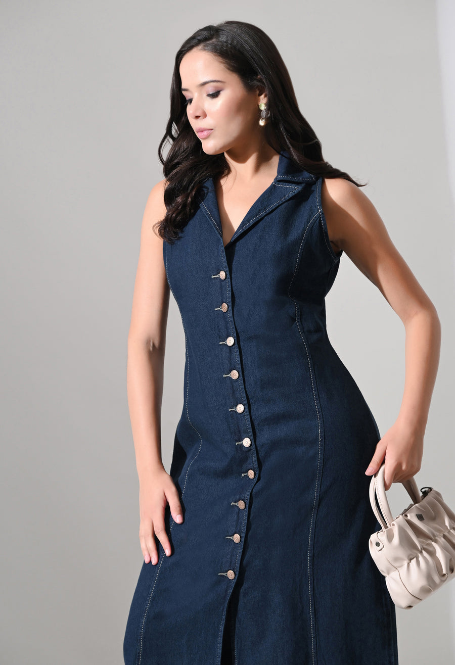 Elara Collared Denim Midi