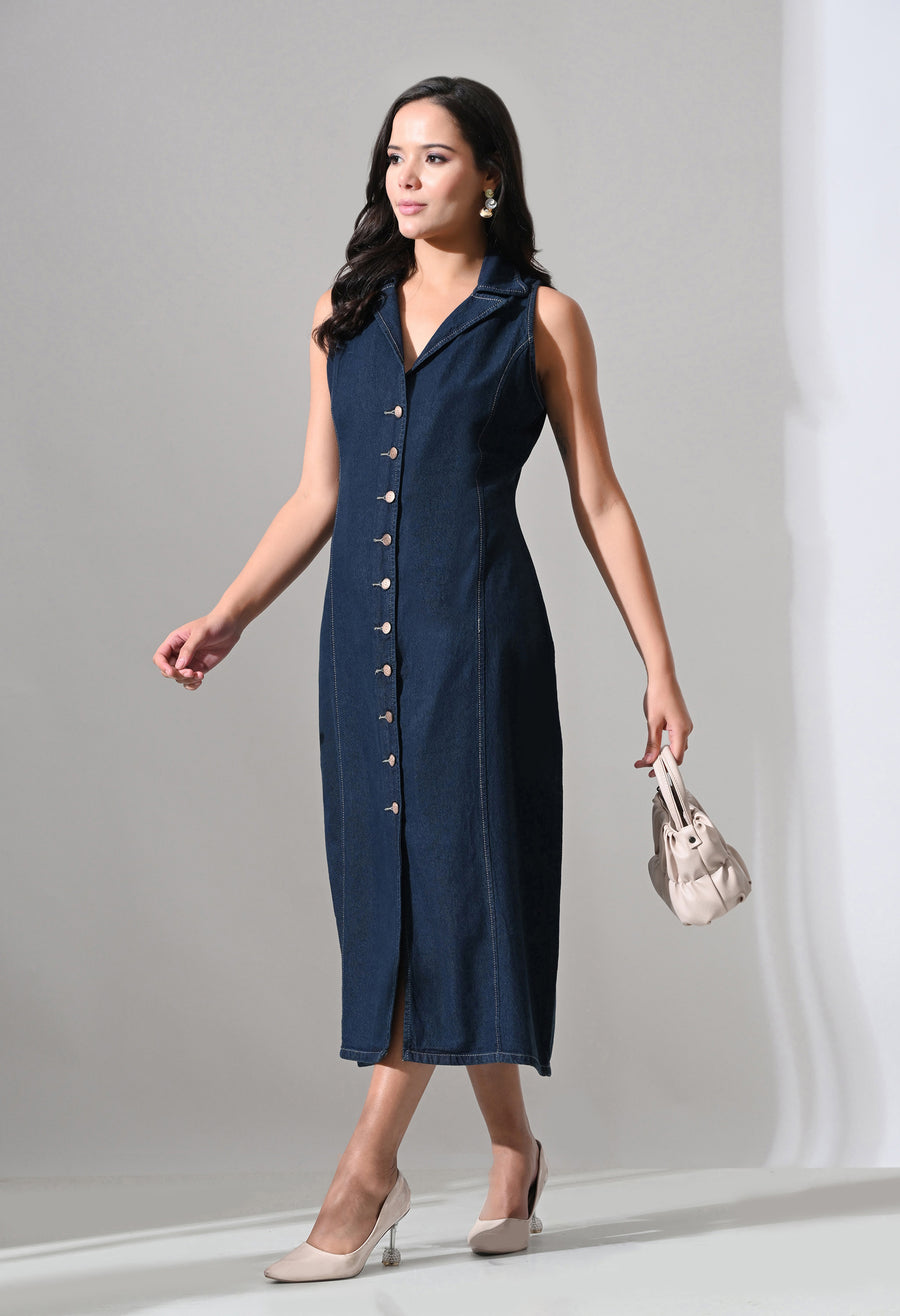 Elara Collared Denim Midi