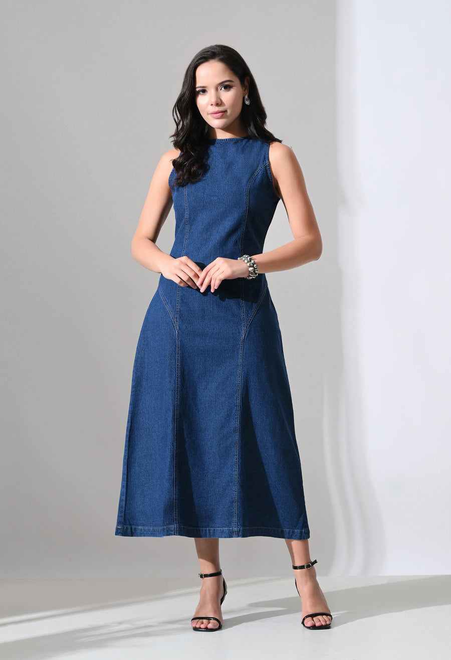 Tie-Back Denim Midi Dress – Blue Dress View 10 – Glossia Fashion