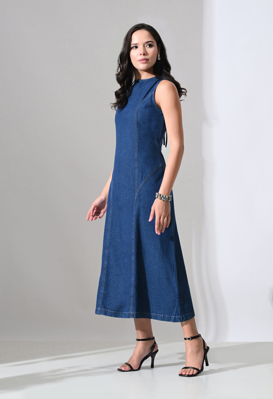 Tie-Back Denim Midi Dress