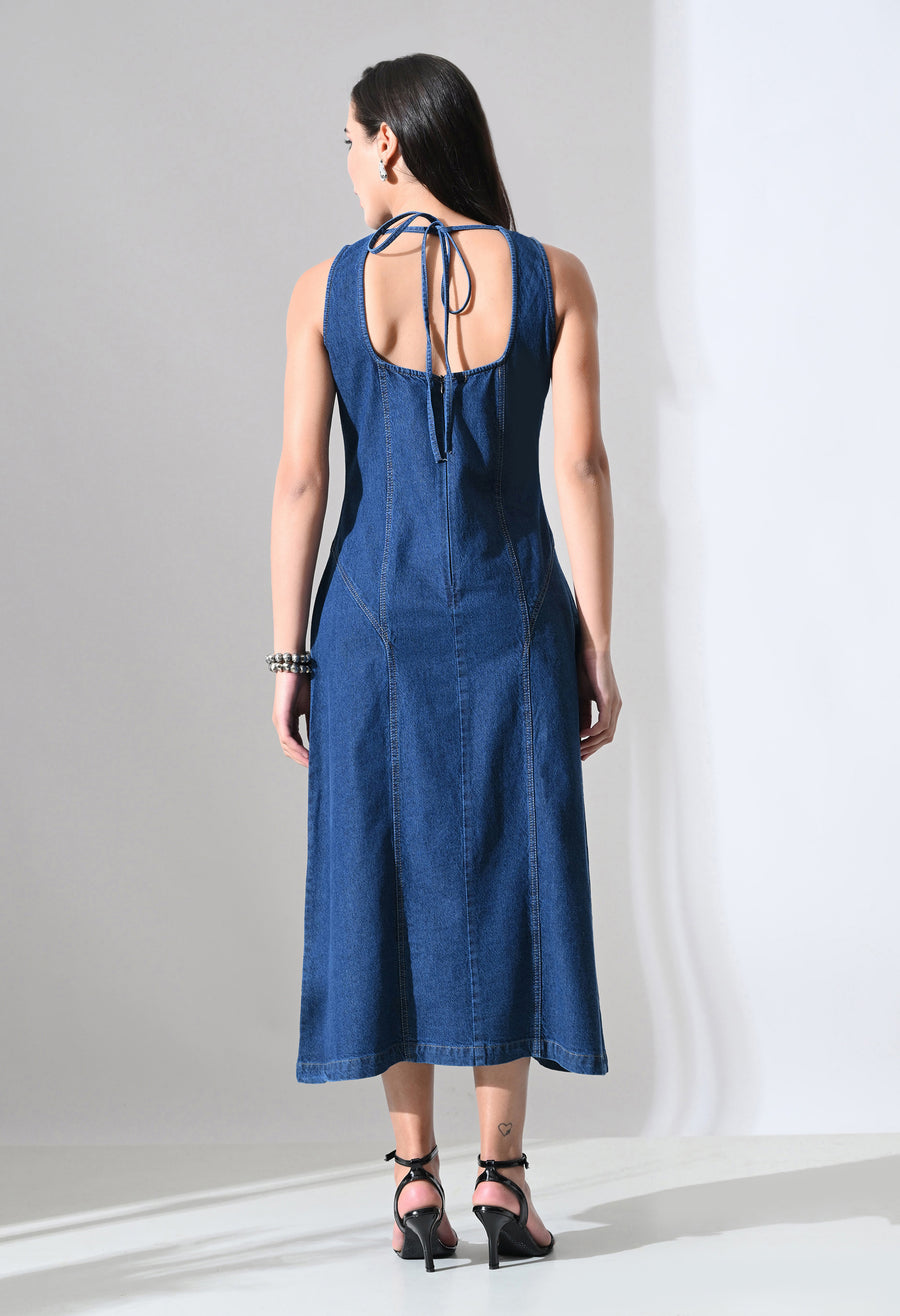 Tie-Back Denim Midi Dress