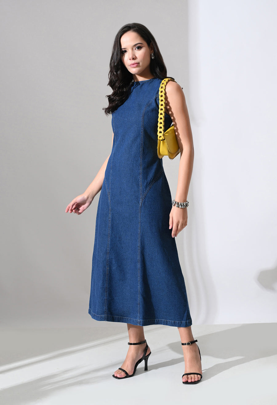 Tie-Back Denim Midi Dress