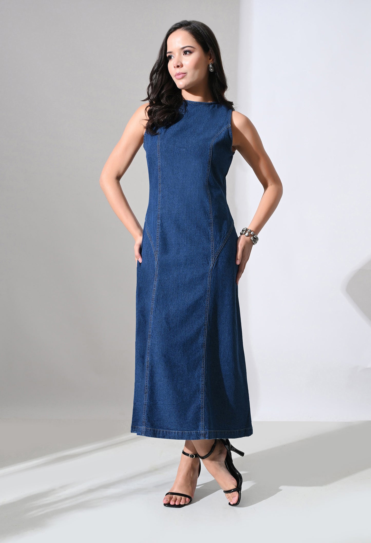 Tie-Back Denim Midi Dress
