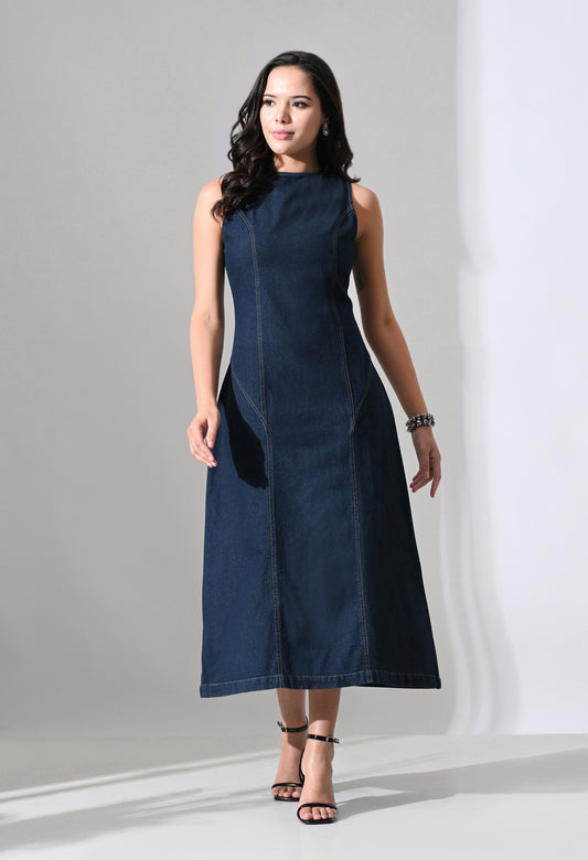 Tie-Back Denim Midi Dress