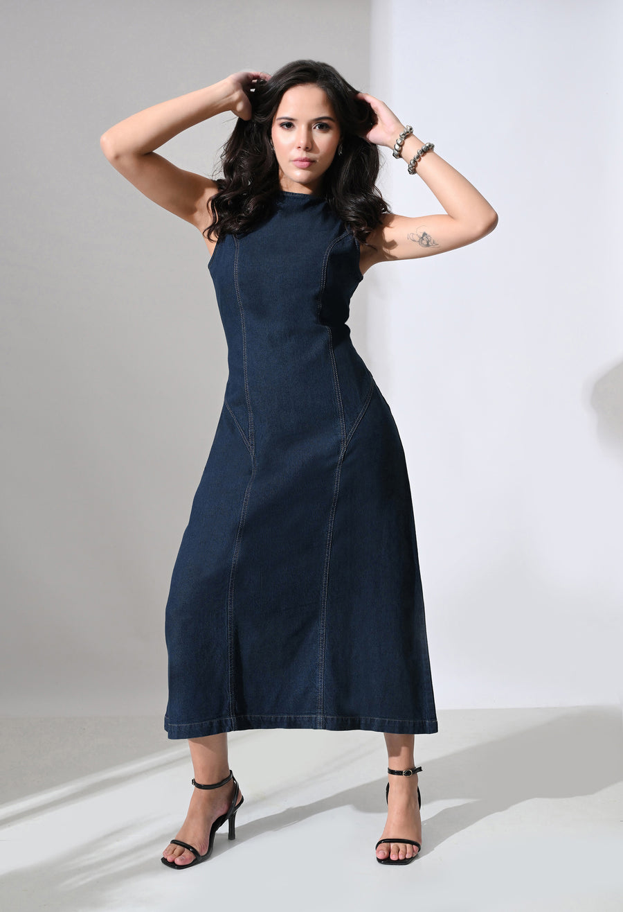 Tie-Back Denim Midi Dress – Navy Blue Dress Close-up – Glossia Fashion