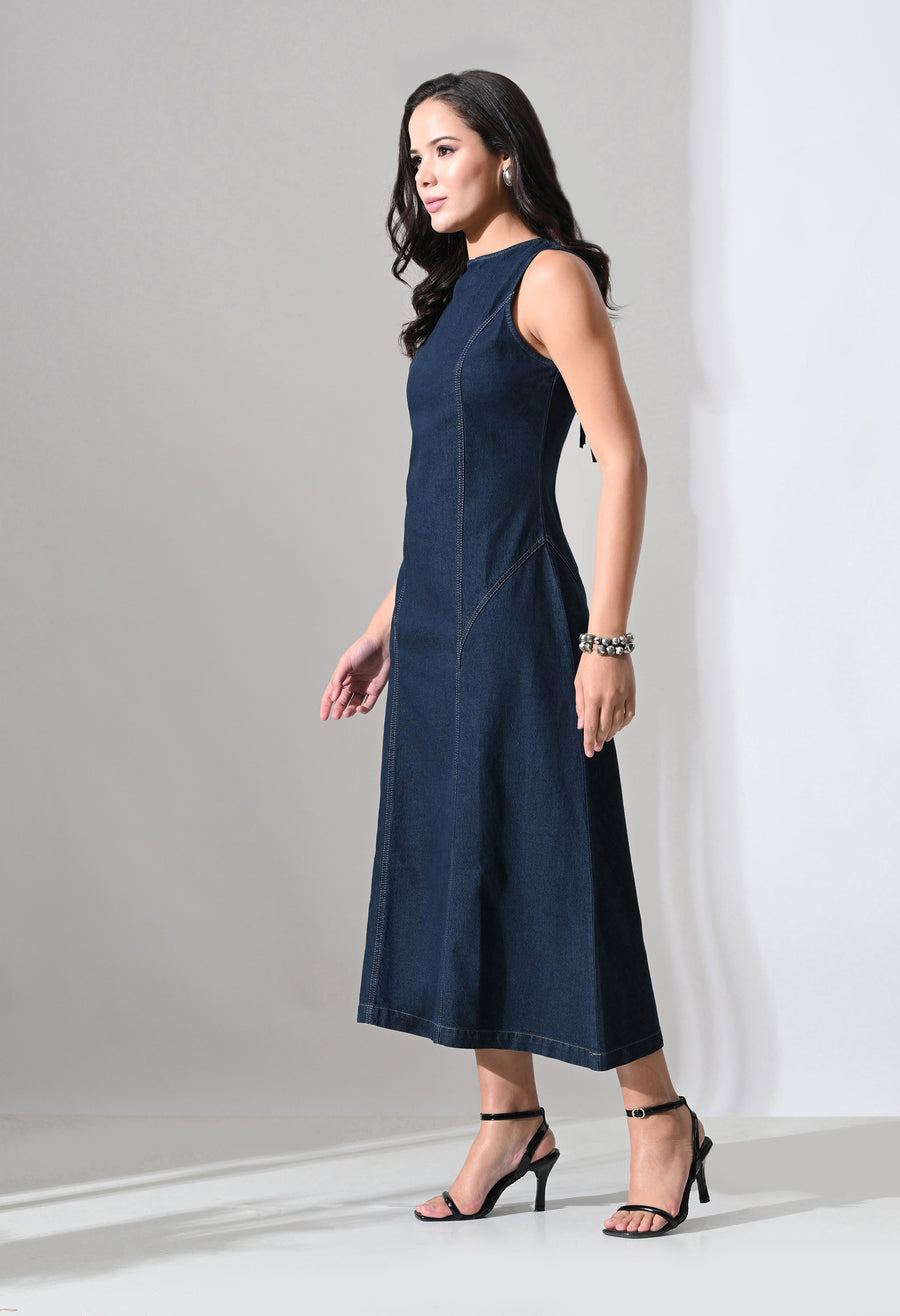 Tie-Back Denim Midi Dress
