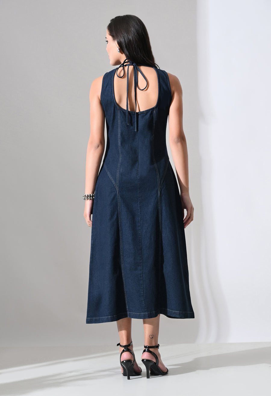 Tie-Back Denim Midi Dress – Navy Blue Dress View 10 – Glossia Fashion