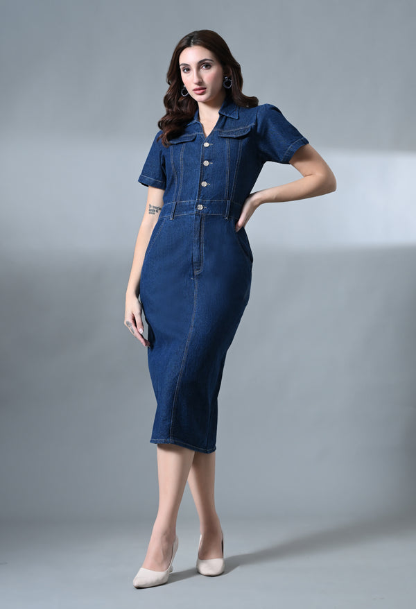 Classic Blue Denim Bodycon Midi Dress