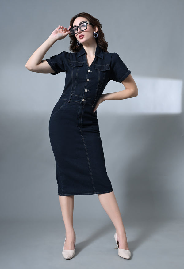 Classic Blue Denim Bodycon Midi Dress