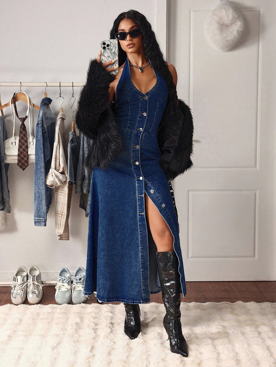 Coastal Denim Grace – Dark Blue Denim Jeans Model View – Glossia Fashion