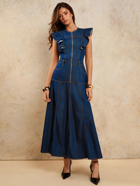 A-Line Zip Fly Flutter Sleeve Denim Dress
