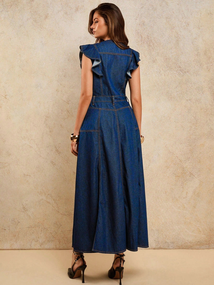 A-Line Zip Fly Flutter Sleeve Denim Dress – Blue Dress Side View – Glossia Fashion