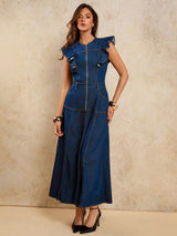 A-Line Zip Fly Flutter Sleeve Denim Dress – Blue Dress Back View – Glossia Fashion