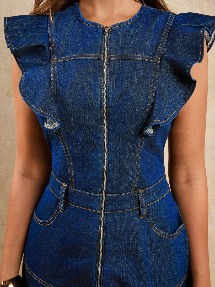 A-Line Zip Fly Flutter Sleeve Denim Dress