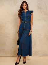 A-Line Zip Fly Flutter Sleeve Denim Dress – Blue Dress Style View – Glossia Fashion