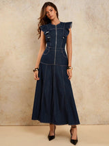 A-Line Zip Fly Flutter Sleeve Denim Dress – Navy Blue Dress Back View – Glossia Fashion