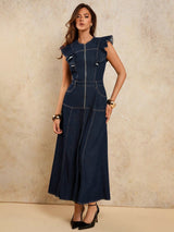 A-Line Zip Fly Flutter Sleeve Denim Dress – Navy Blue Dress – Glossia Fashion