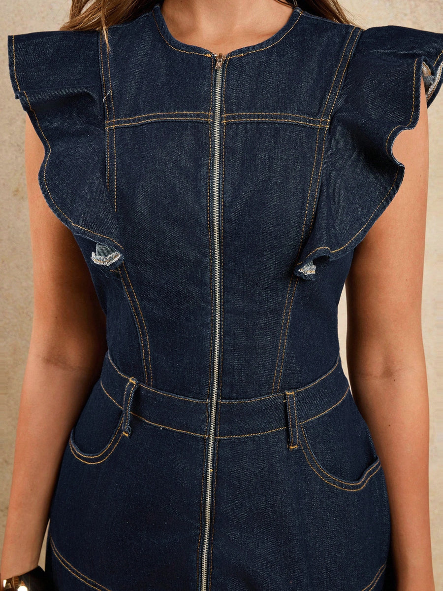 A-Line Zip Fly Flutter Sleeve Denim Dress – Navy Blue Dress Model View – Glossia Fashion