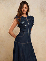 A-Line Zip Fly Flutter Sleeve Denim Dress – Navy Blue Dress Style View – Glossia Fashion