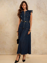 A-Line Zip Fly Flutter Sleeve Denim Dress – Navy Blue Dress Detail View – Glossia Fashion